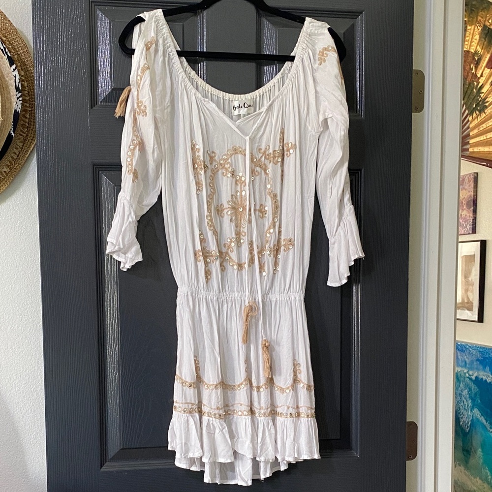Embroidered + Gold Sequins White Dress